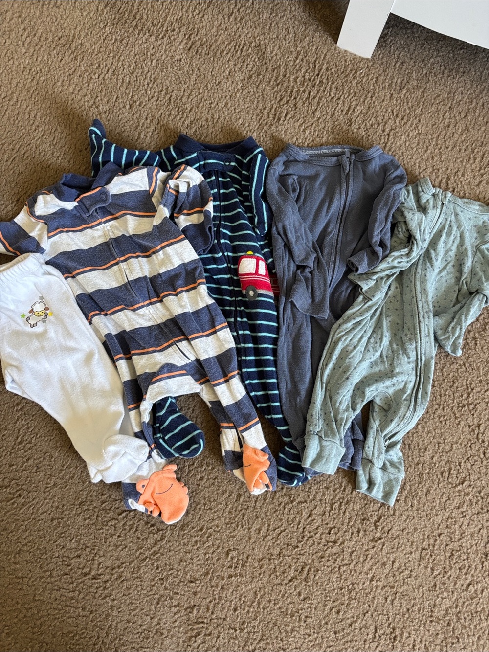 5 Baby One-Pieces with Navy, Teal & Orange Stripes